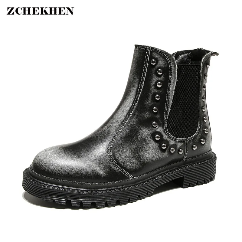 

Retro Fashion Rivet Low Heel Chelsea Boots Woman Heel Platform Genuine Leather Boots Rivet Boots Girls Botines Mujer