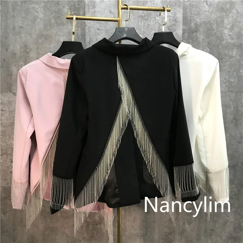 

Spring Ins Fashion Blazer Lady 2019 New Metal Tassel Chain Design Back Open Fork Suit Coat Women's High Street Blazers Coats