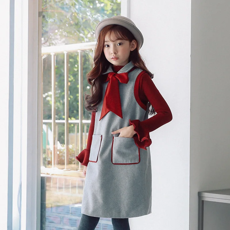Koop Wollen grote meisje jurk 2018 winter herfst lente bow katoen jurken kinderen kleding mouwloze solide prinses lente kleding
