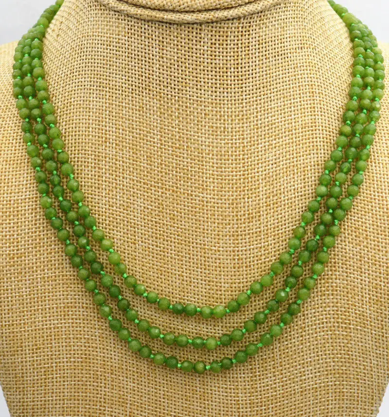 

FREE SHIPPING>>>@@ Fashion 3 rows 4mm Faceted green peridot beads Necklace 17-19 " WW