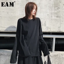 [EAM] New Spring Summer Round Neck Full Sleeve Solid Brief Temperament Personality T-shirt Women Fashion Tide JX245