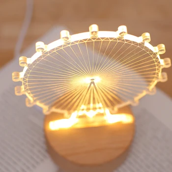 

3D Night Light creative bedside Lamp and Table Light children room Ferris wheel shape solid wood base USB charging LED Light