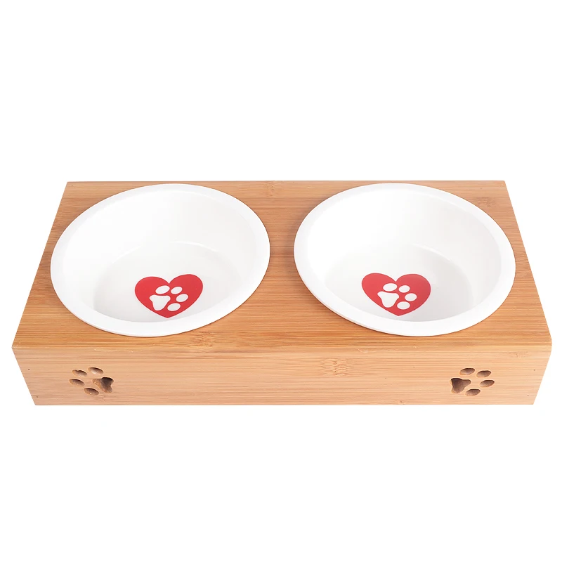 

Кормушки для собак KIMHOME, миски из нержавеющей стали для собак, Бамбуковая стойка, керамическая двойная миска, милая кормушка для домашних животных, водный напиток блюда Фидер S/L