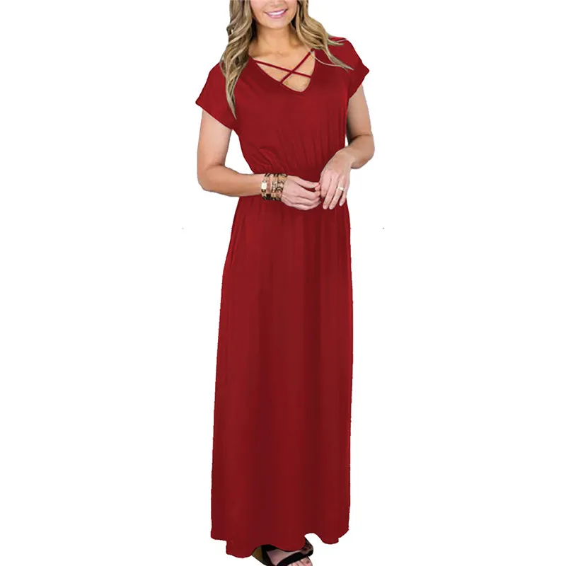 

Women Elastic Waist Casual Loose Maxi Dress V Neck Summer New Pocksts Dresses Solid Cross Strap Long Dress Robe Femme Vestidos