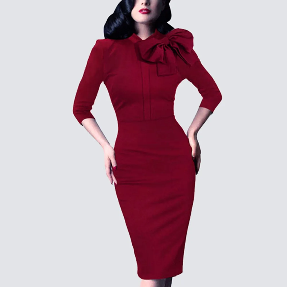 

Bow Retro Vintage Women Dress 50s Rockabilly Club Formal Prom Party Dress Spring Autumn Female Dress Vestidos Femininos HB244