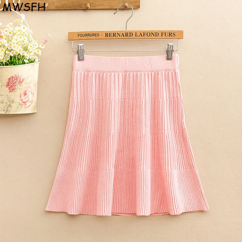 

MWSFH Women Europe And America Autumn Winter Wrinkles Knitting Skirts Elastic High Waist Slim Sexy Fold Womens Skirts