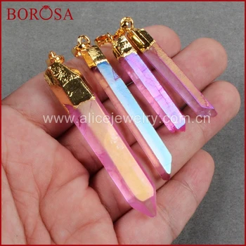 

BOROSA Hot Pink Aura Crystal Pendants, Gold Color Druzy Pendants Titanium AB Color Aura Quartz Crystal Point Pendant G0360-4