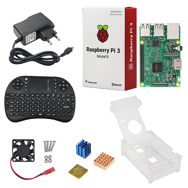 

Raspberry Pi 3 Model B+2.4G Wireless Mini Keyboard+Cooling Fan+Heat Sink+5V 2.5A Power Supply+Raspberry Pi 3 Acrylic Case