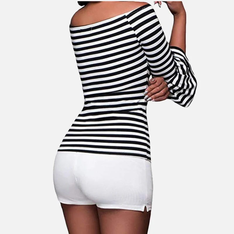 Off Shoulder Slash Neck Flared Striped Women's Shirts Long Sleeve Female Sexy Blouses 2019 Spring Summer Feminine Camisas Tops