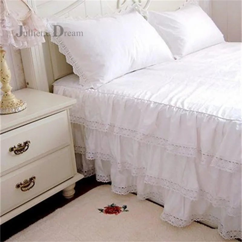 Top Luxury 3 Layers Ruffle Lace Bedspread 100 Cotton Bed Skirt