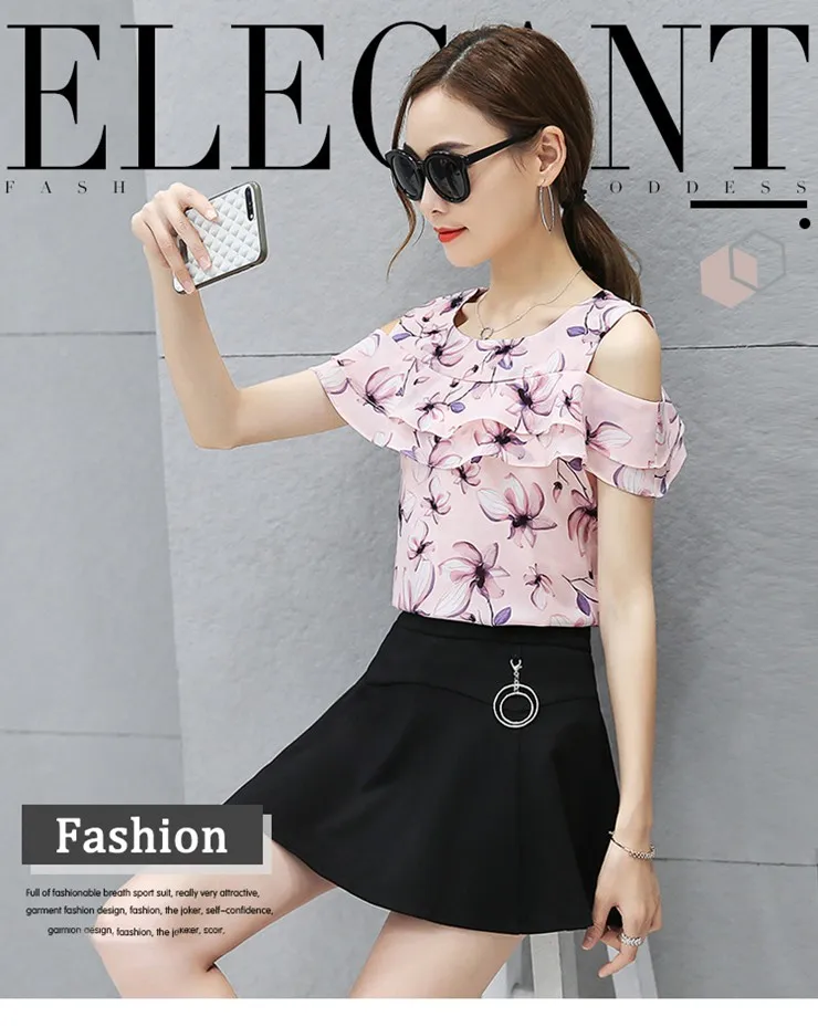 Blusas Femininas 2018 Women Open Shoulder Tops Female Casual Short Sleeve Chiffon Blouses Print Floral Shirts Ladies Tops (1)