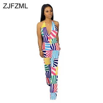 

Geometric Print Sexy Rompers Womens Jumpsuit Deep V Neck Sleeveless Wide Leg Bodysuit Summer Halter Backless One Piece Overall