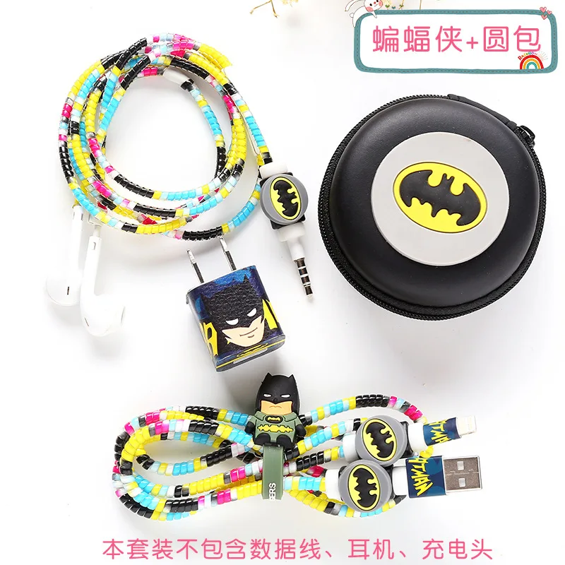 For iphone 8 7 6 5 Earphone Case Bags Cartoon USB Cable Earphone Protector Set With Cable Winder Stickers Spiral Cord Protector