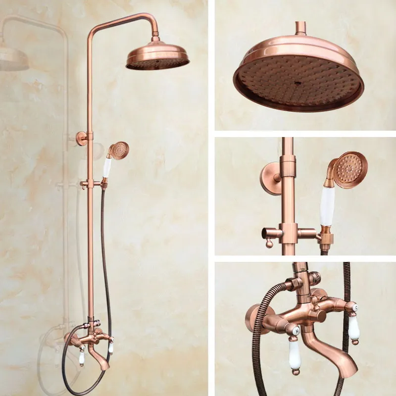 

Red Copper Antique Brass Wall Mounted 8" inch Rain Shower Faucet Set W/ Rainfall Shower Head Handshower Bathtub Tap arg574