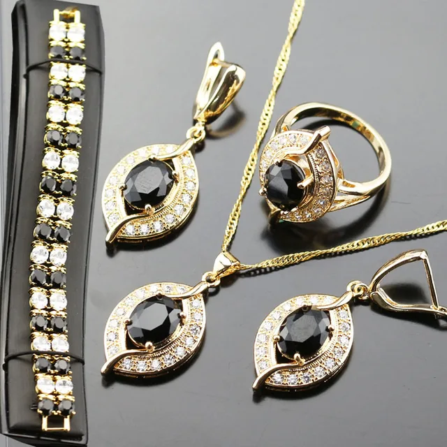 Classy Black Rhinestone Jewelry Set For Women White Zircon Gold Color ...