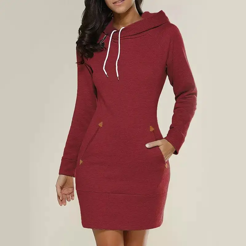 Модное женское платье с капюшоном и карманами на завязках; сезон осень-весна; мини-платье с длинным рукавом; зимние толстовки; Свитшот; вечерние платья - Цвет: red