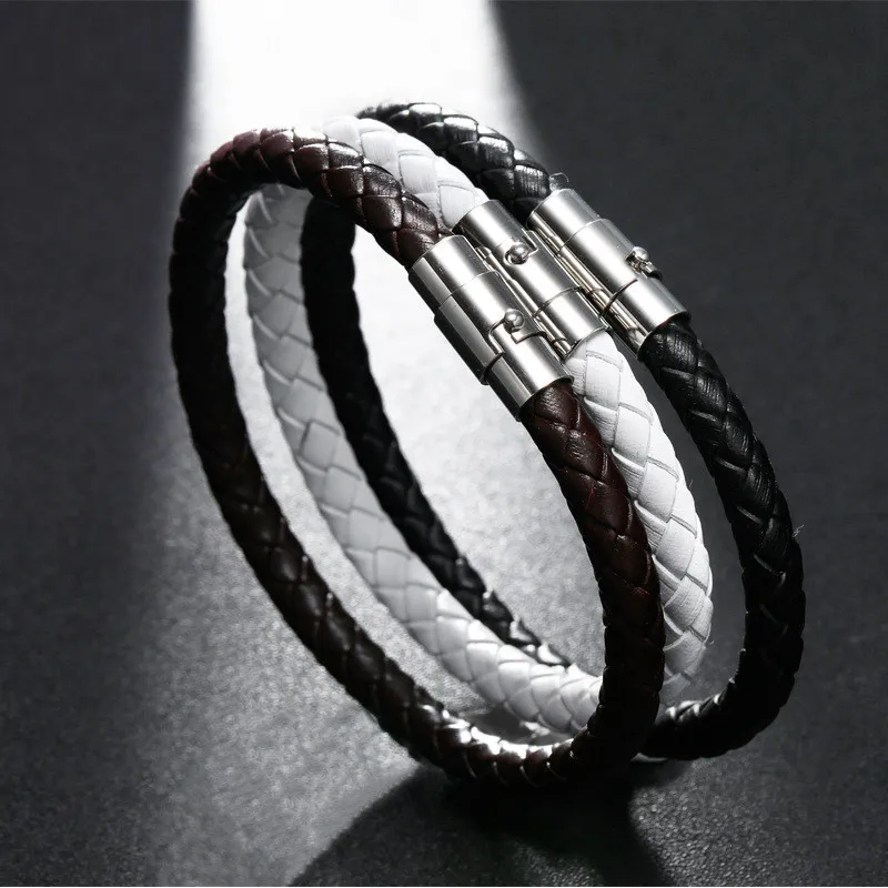 Панк черный белый плетеный стальной провод мужской браслет с магнитной пряжкой простой модный браслет мужской браслет из нержавеющей стали