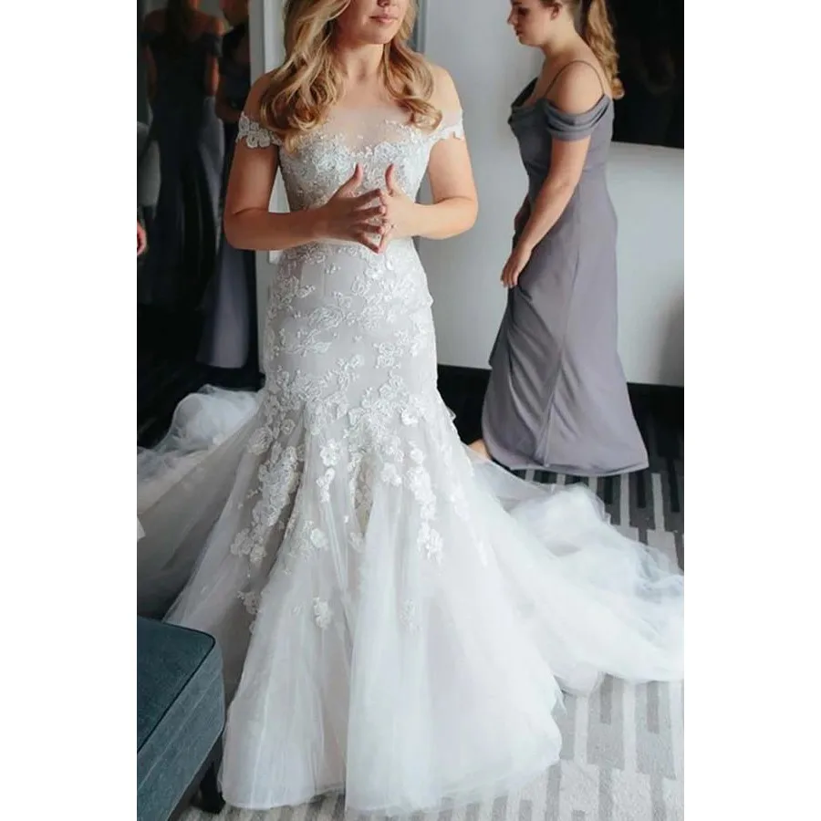 

Unique Design Off Shoulder Sexy Mermaid Exquisite Lace Appliques Boat Neck Wedding Dress With Court Train Suknia Slubna