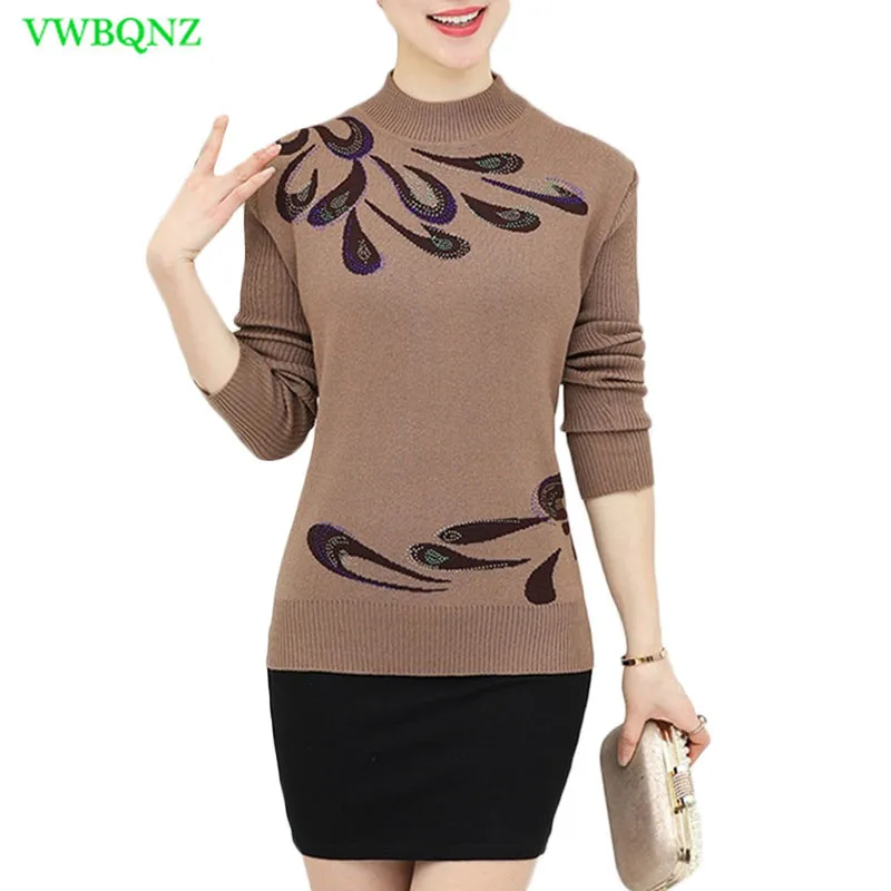 

Autumn Winter Warm Pullovers Sweater Middle-Aged Women Flower Printed Wool Sweaters Female Noble Plus size Knitting shirt A681