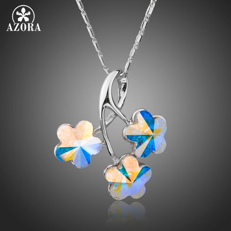 

AZORA Brand Design Three Flowers Long Chain Pendant Necklace Women Fashion Tree Branches Necklace With Multicolor Crystal TN0203
