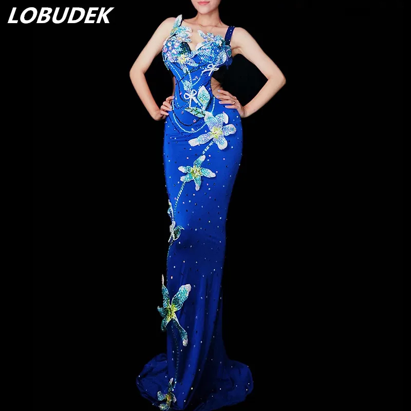 Sexy Leotard Blue Long Dress Sparkly Rhinestones Flowers Trailing