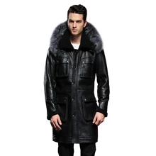 Съемная шуба из натуральной овечьей кожи с капюшоном и серебристой лисой Мужская официальная одежда Shearling зимняя мужская меховая куртка из овчины