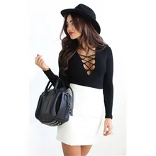 snowshine #1201 Womens Ribbed Front Plunge Cotton Lace up Leotard Bodysuit Tops Jumpsuit free shipping
