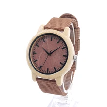 BOBO BIRD D09 Bamboo Wooden Watches Mens Womens Red Dial Canvas Band Quartz Watches In Gift Box