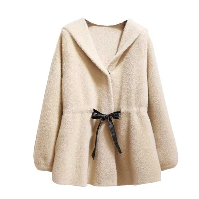 

2019 Autumn Winter Women Thick Long Sleeve Knitted Cardigan Sweater Female Imitation Mink Fur Coats Casual Hooded Outerwear A67