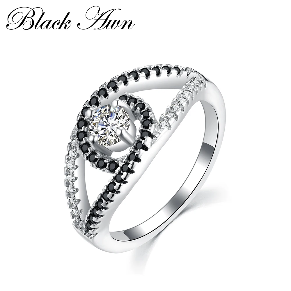 

[BLACK AWN] Black&White Stone Wedding Rings for Women Genuine 100% 925 Sterling Silver Jewelry C288