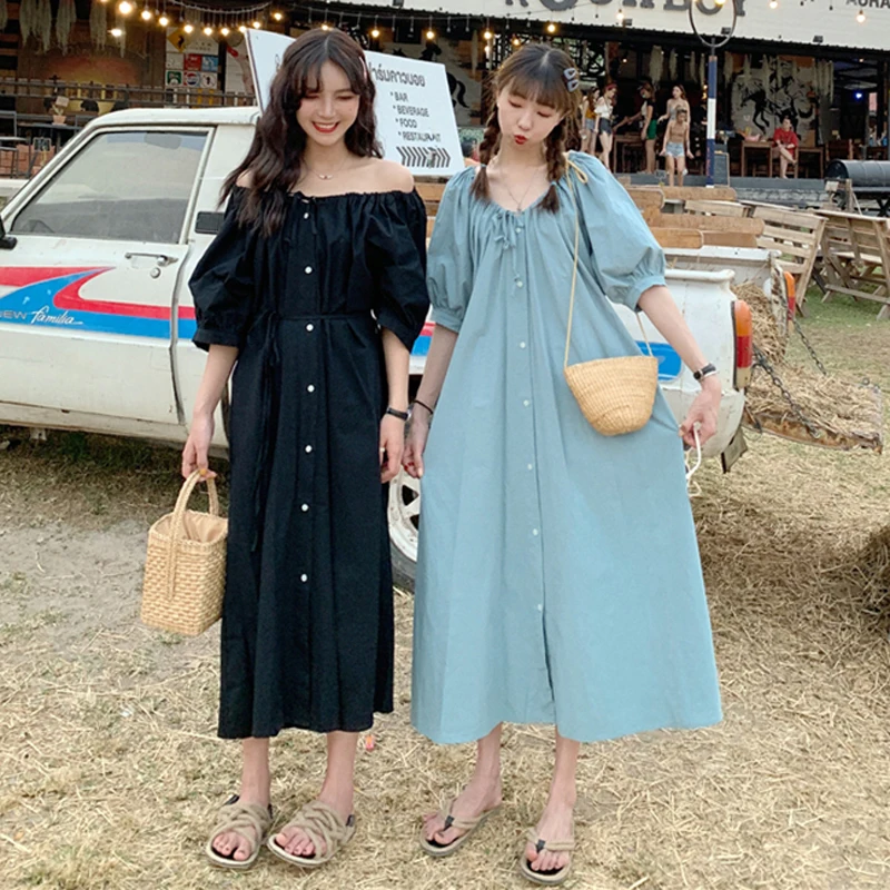 

Buttons Up Puff Sleeve Dress Loose Summer Vocation Beach Dress Long Robe Longue Vestido Largo Vestiti Lunga