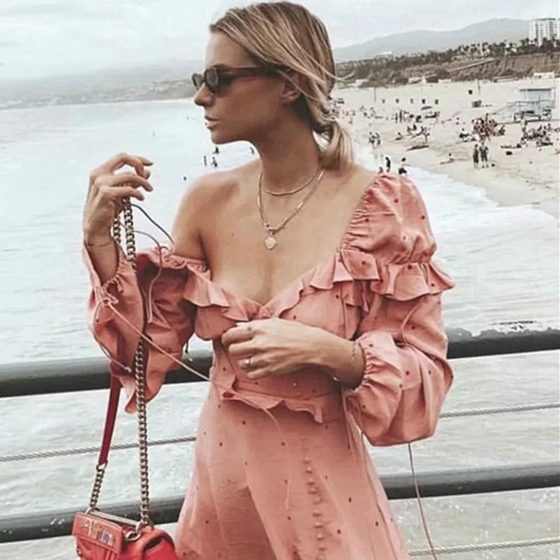 

Designer Women Backless Summer Dress Off Shoulder Summer Beach Dress Boho 2019 Polka Dot Long Sleeve Backless Pink Dresses Lady