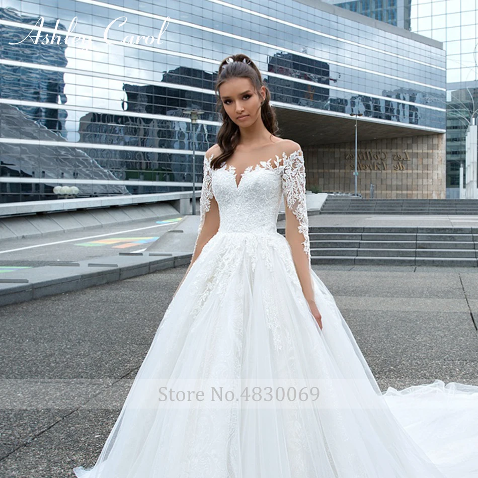 Ashley Carol Sexy Sweetheart Illusion Lace Princess Wedding Dress Long Sleeve Bride Dresses Cathedral Train Wedding Gowns