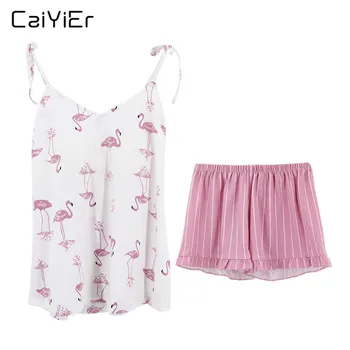 

Caiyier 2019 Sexy Cotton Pajama Set Pink Flamingos Summer Nightwear Sling V-Neck Sleeveless Cami Tops Shorts Casual Sleepwear