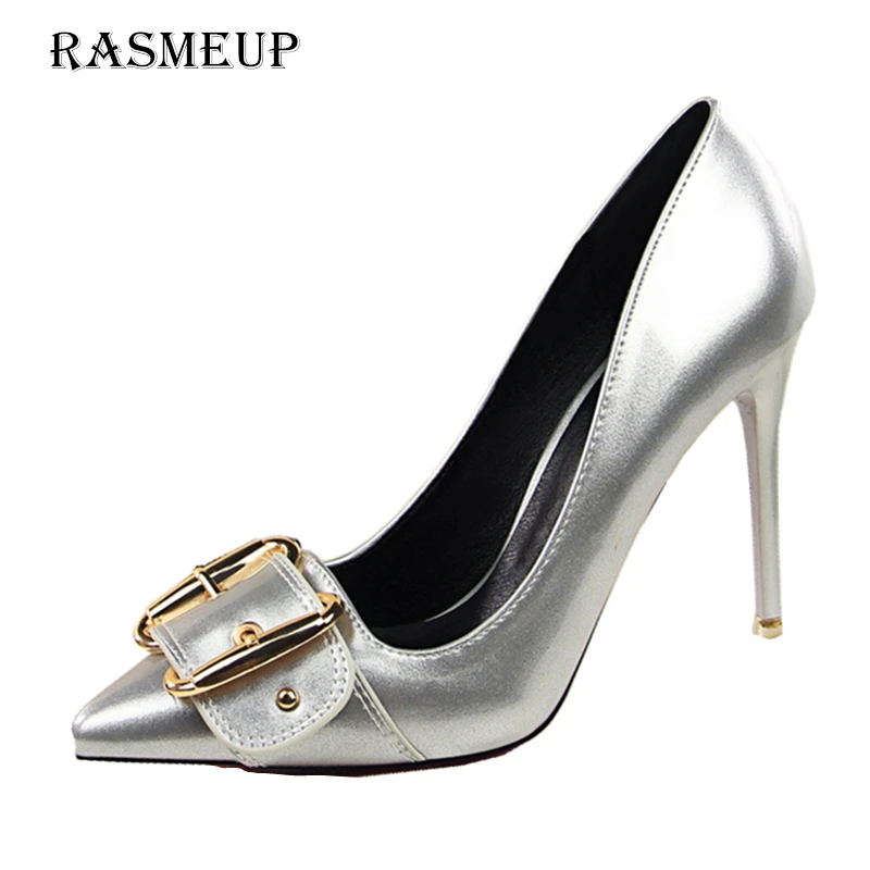 

RASMEUP High Thin Heel Women's Pointed Toe Pumps 2018 Leather Sexy Metal Buckle Women Heels Fashion Woman Silver Wedding Shoes