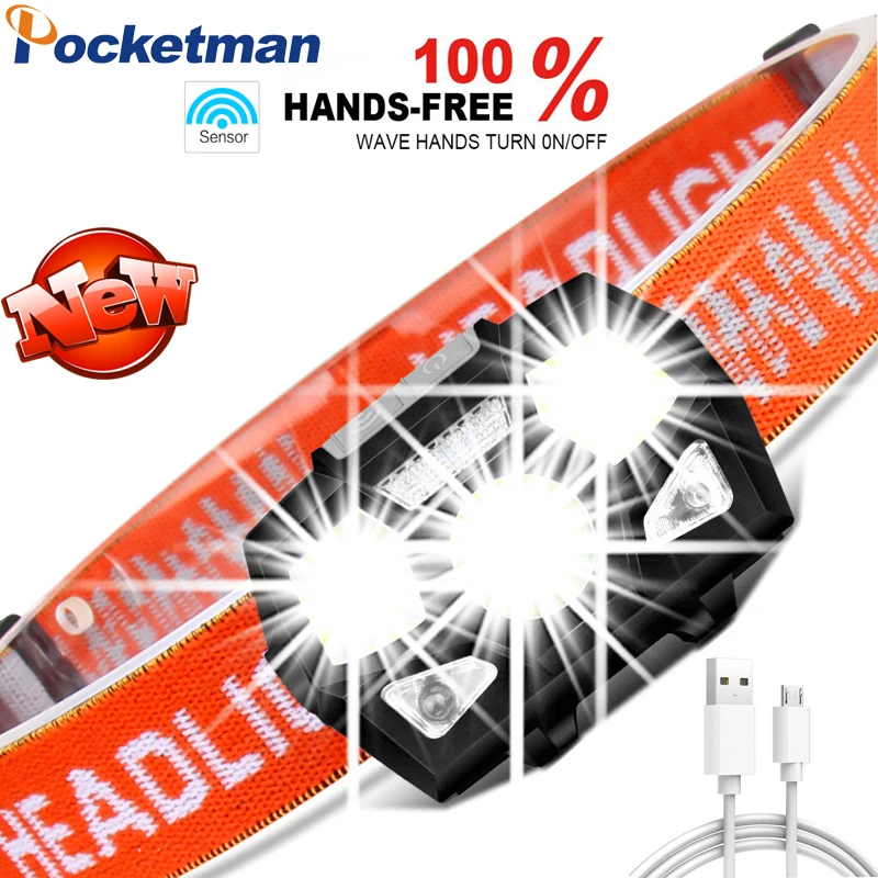 

6000 lumens LED Headlamp Super Bright Motion Sensor Hands-free Powerful Headlight USB Rechargeable head lamp light Waterproof