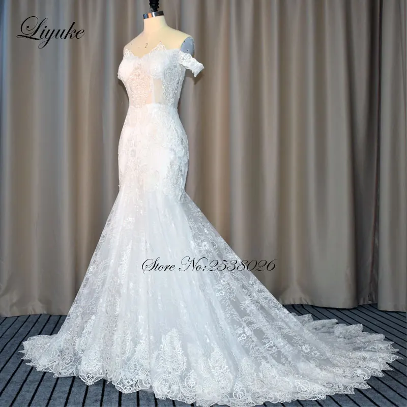 Liyuke элегантный тюль с сердцевидным вырезом, Русалка свадебное платье роскошная аппликация с плеча Труба Свадебное платье