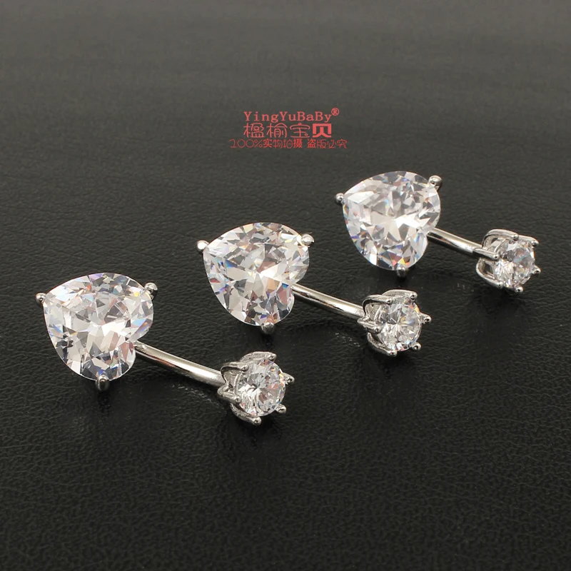 925 pure silver belly button ring real genuine silver navel ring body piercing jewelry heart stone zircon pin length 6 8 10 mm