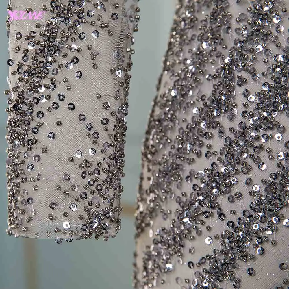 Elegant Full Sleeve Evening Dresses Long Gray Tulle Beading Mermaid Formal Women Party Dress Elegant Full Sleeve Evening Dresses Long Gray Tulle Beading Mermaid Formal Women Party Dress