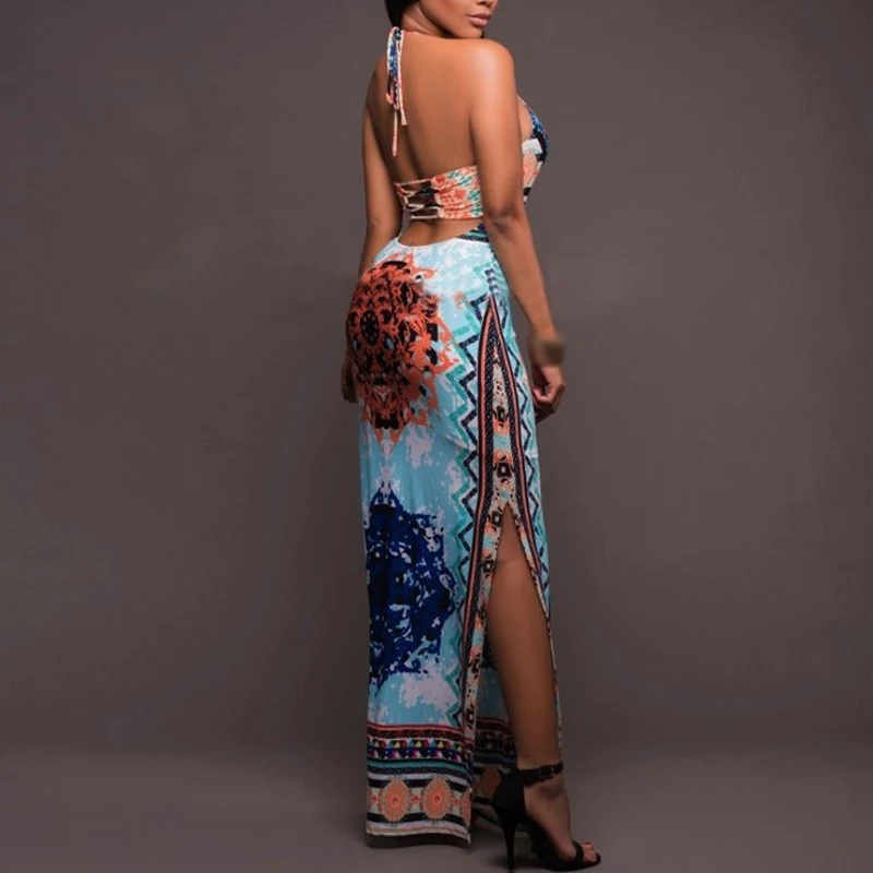 

Women Ladies Beach Summer Halter neck Printed Party Dress Backless Sundress Holiday Split Casual Long Cocktail