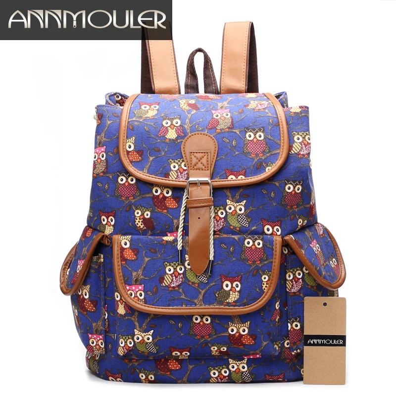 

Annmouler Cartoon Backpack for Women Large Canvas Rucksack Drawstring Open Laptop Backpack Owl Print School Bag for Girls