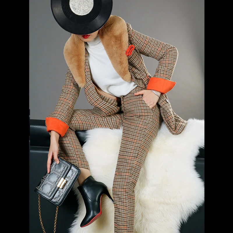 

Grid Suit Women Winter Turn Down Collar Double Breasted High Waist Flare Pants 2Piece Set Female OL Office Formal Wool Plaid Set