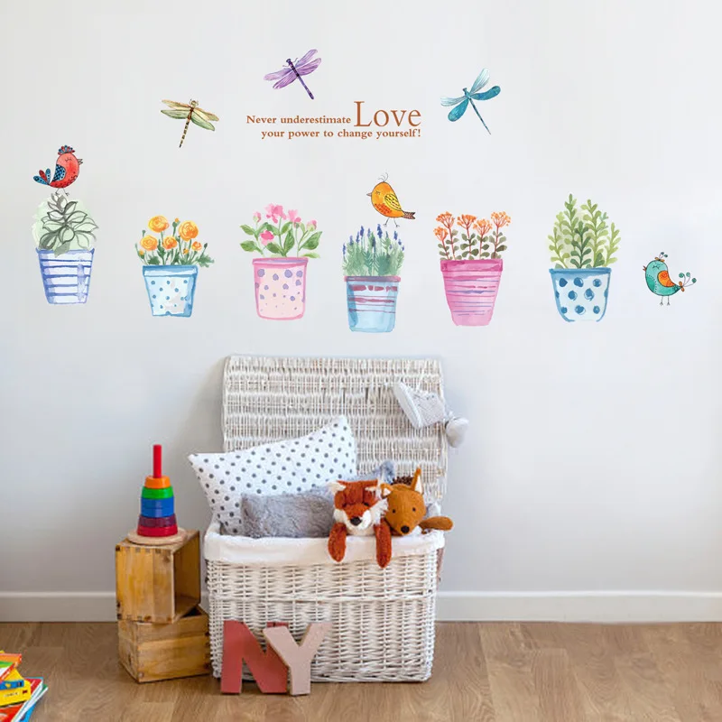 

Garden Beautiful Flowers Potted Plant Wall Stickers Bird Butterfly Art Decals for Living Room Bedroom Home Decoration Waterproof