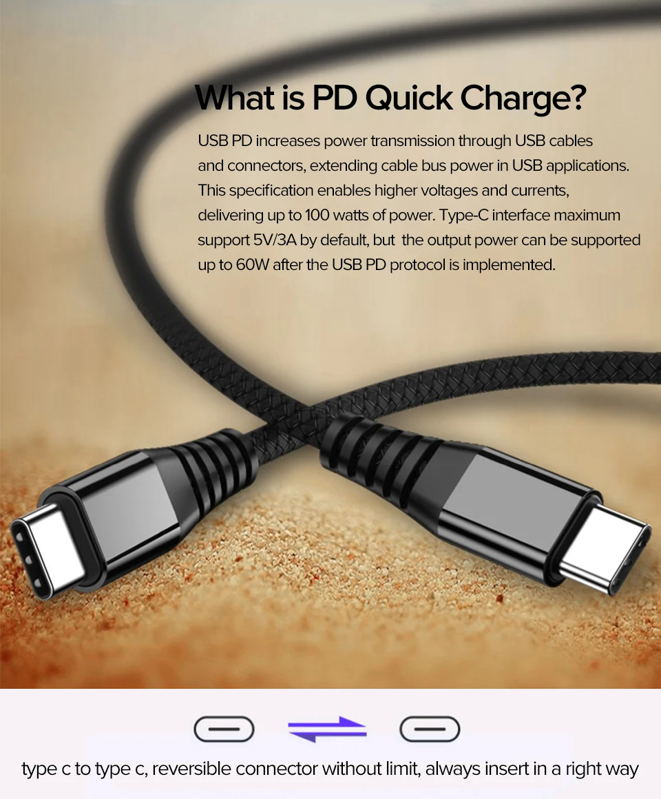 USB Type C To USB-C Cable PD 60W Fast Charging Cord for Xiaomi Mi 10 9 8 Quick Charge Type-C Wire for Samsung S10 Huawei P30 P20