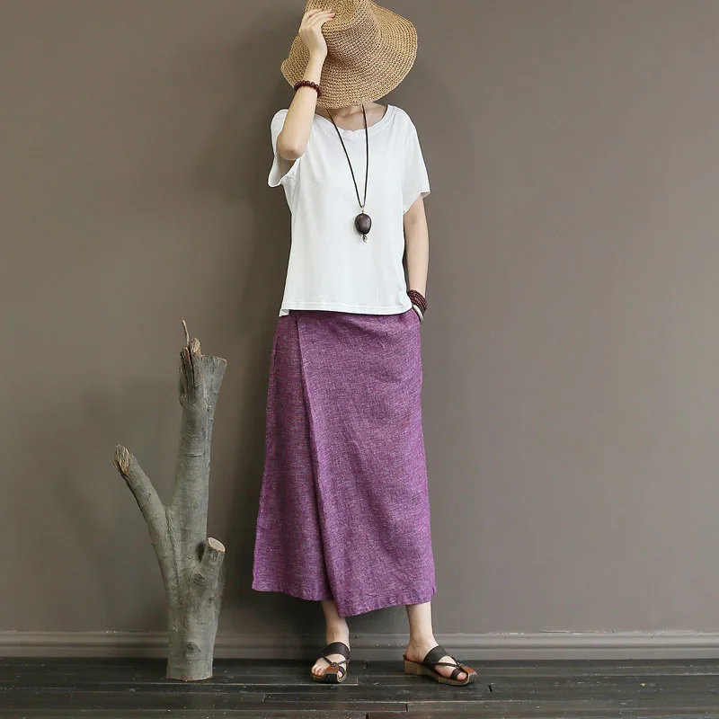 

Women Purple Elastic Mid Waist Summer Skirt Trousers Ankle-Length Retro Cotton Linen Wide Leg Pants Female Clothes Spring
