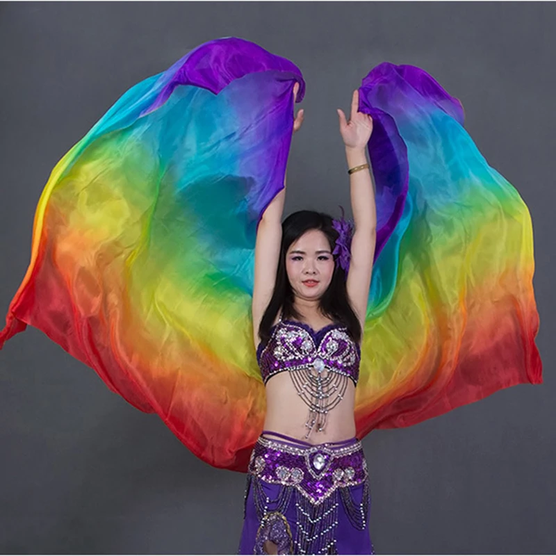 8 mommes шелк представление вуаль танцор контрастные цвета легкая текстура прямоугольный шарф женский Радужная вуаль танец живота 8 Mumi