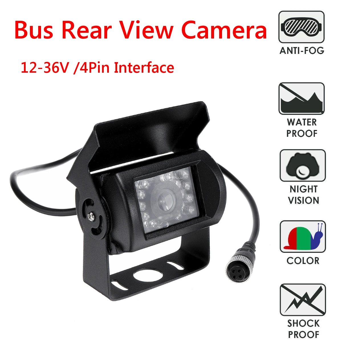 

4Pin HD IR Night Vision Car Rear View Reversing Parking Camera for Heavy Bus Truck Van Waterpoof IP68 Black