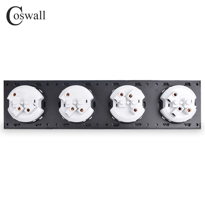 Comprar Coswall Panel de aluminio negro 16A cuádruple toma de corriente de pared estándar de la UE salida de 4 vías a tierra con bloqueo de protección infantil