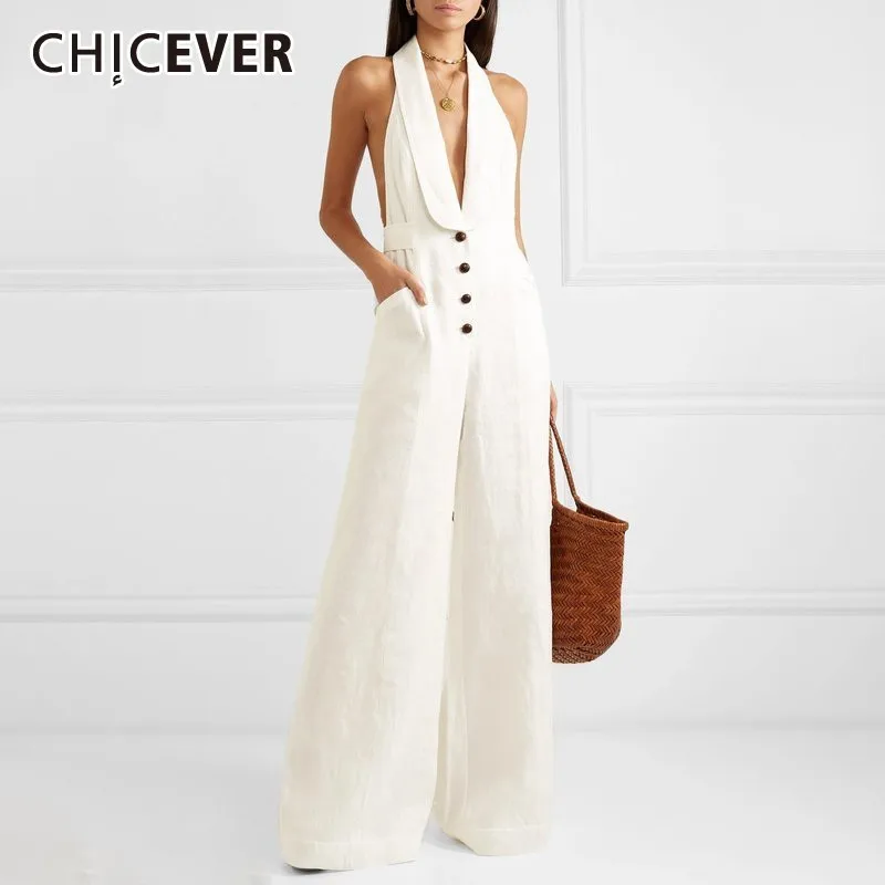 

CHICEVER Summer Casual Solid Women Jumpsuit V Neck Sleeveless Off Shoulder Button Pockets Full Length Female Jumpsuits 2019 New