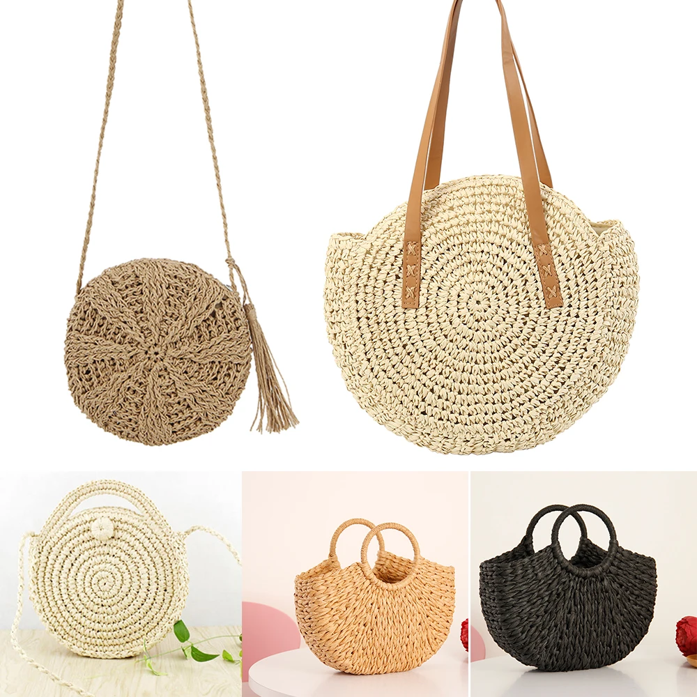 

2019 Straw Beach Bag Mini Wicker Crossbody Shoulder Handbags for Women Leather Tote Braided Bolsas Rattan Purses Bali Bohemian